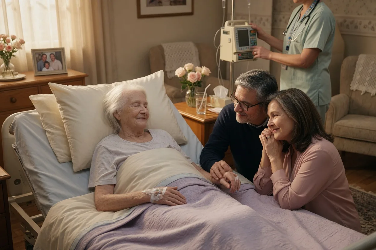 An elderly patient resting in a home hospital bed with loved ones holding their hand while a nurse attends in the background