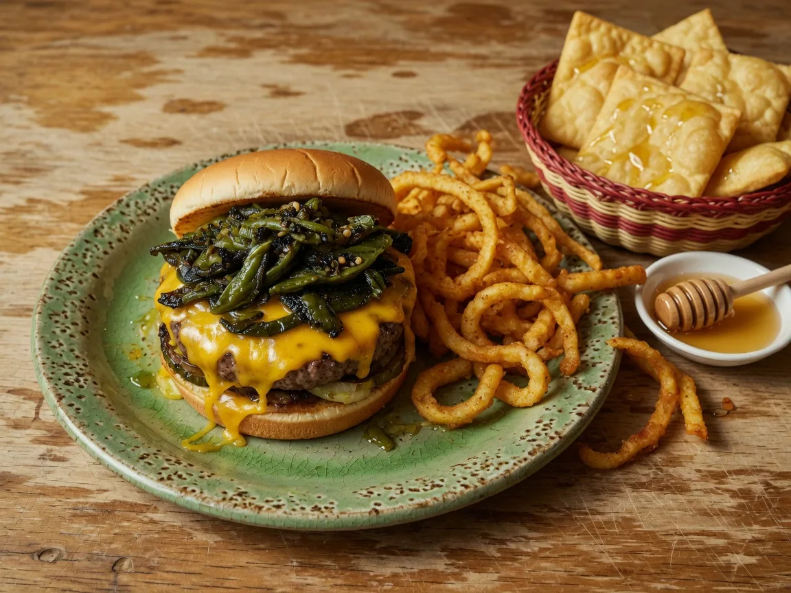 The Famous Green Chile Cheeseburger at Monroe's Restaurant in Downtown Albuquerque, a hand-formed beef patty blanketed in roasted green chile with fries and honeyed sopaipillas