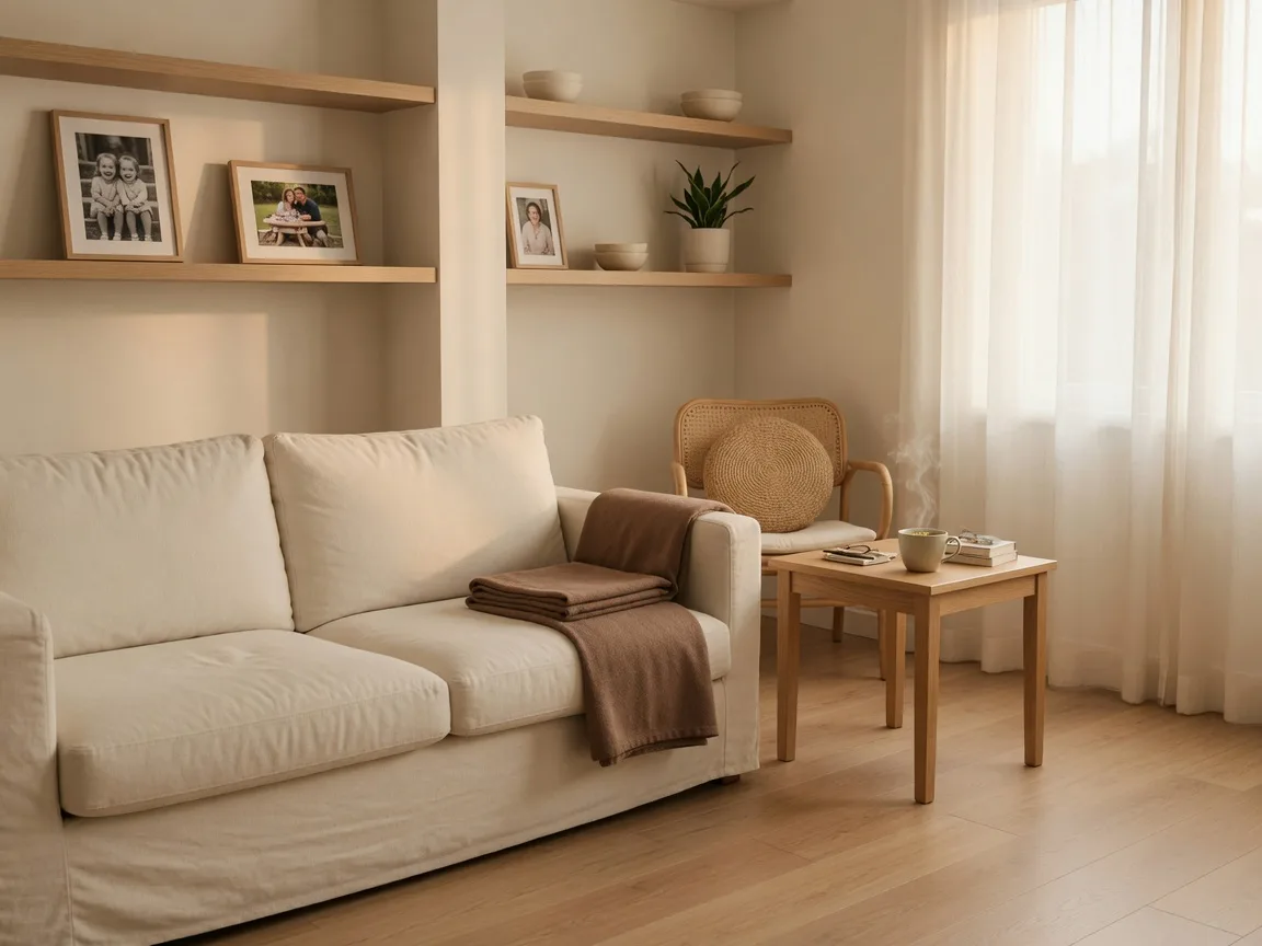 A bright, decluttered living room in a newly right-sized home, cream sofa with a cozy reading corner