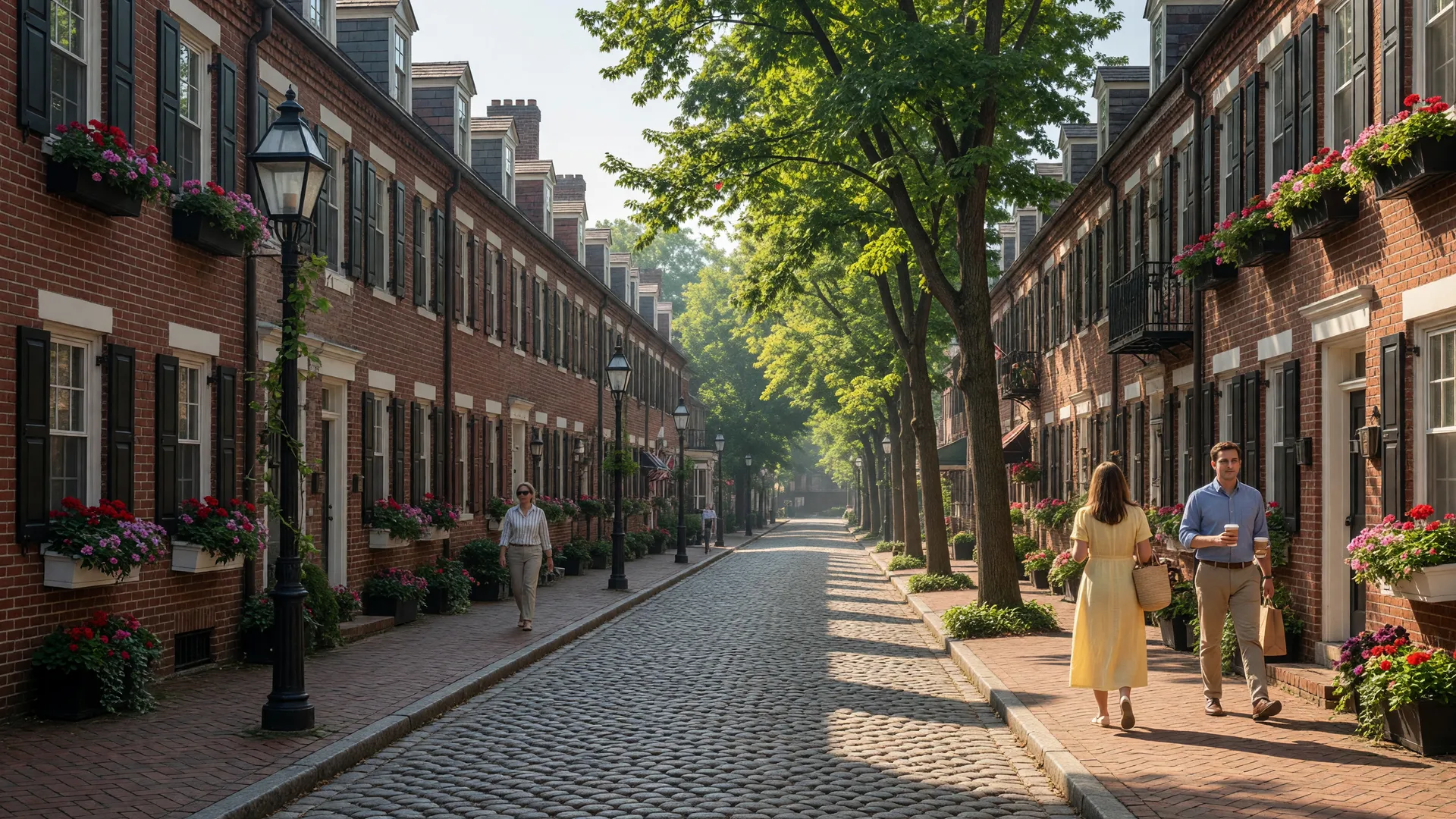 Historic King Street in Old Town Alexandria, Virginia with brick rowhomes, cobblestone streets, iron street lamps, and tree-lined sidewalks on a bright late summer morning