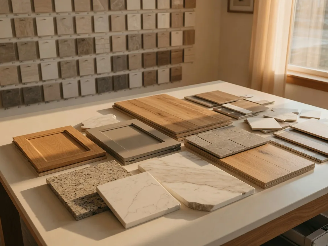 Countertop stone samples, cabinet door fronts, and flooring swatches arranged on a design center table in warm daylight