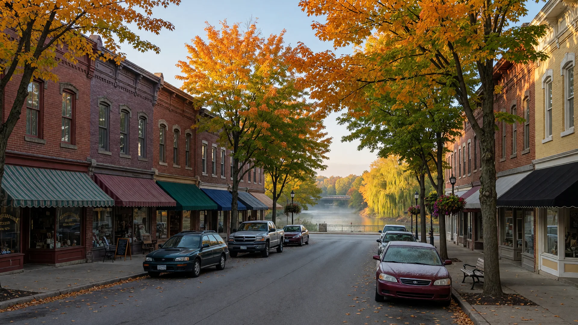 Historic downtown Milford, Ohio on a crisp October morning, preserved brick storefronts along a tree-lined Main Street with maples turning orange and gold