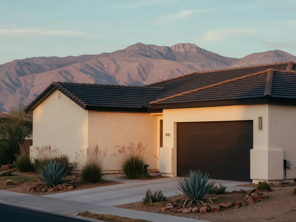 A contemporary Las Vegas home with cream stucco and desert landscaping under late-afternoon light