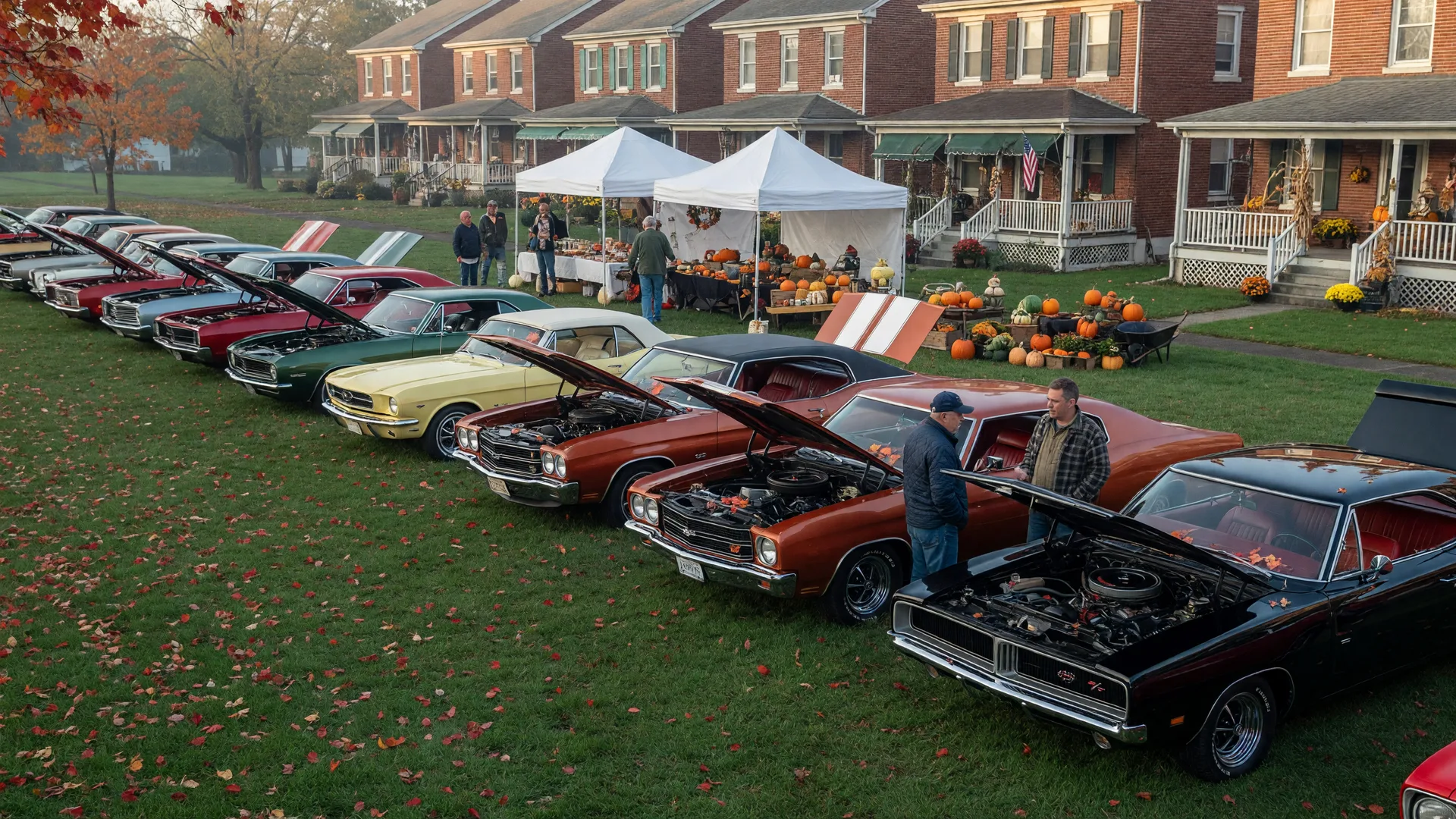 Vintage cars lined up on the lawn of a North Catasauqua park on a crisp October morning, with craft tents, pumpkins, and brick twin homes beyond