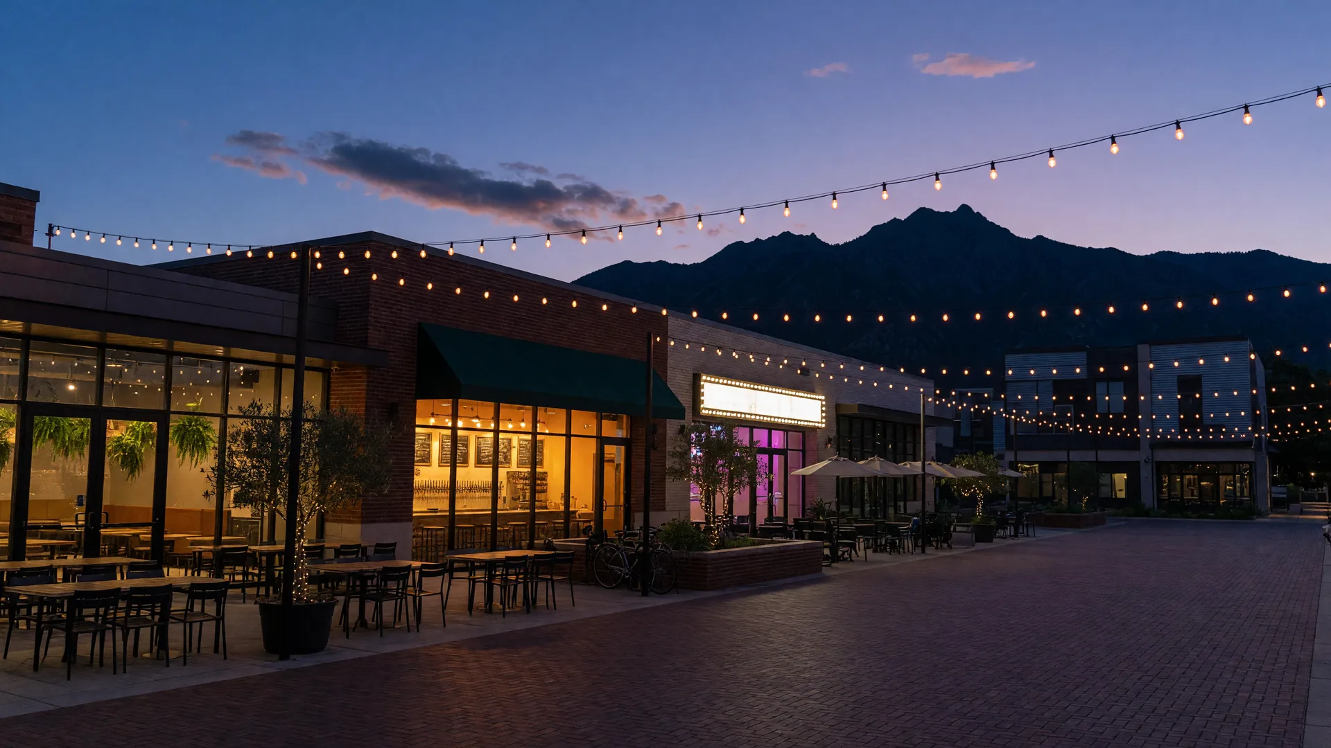 Evening dining and entertainment plaza with string lights and mountain views near Herriman, Utah