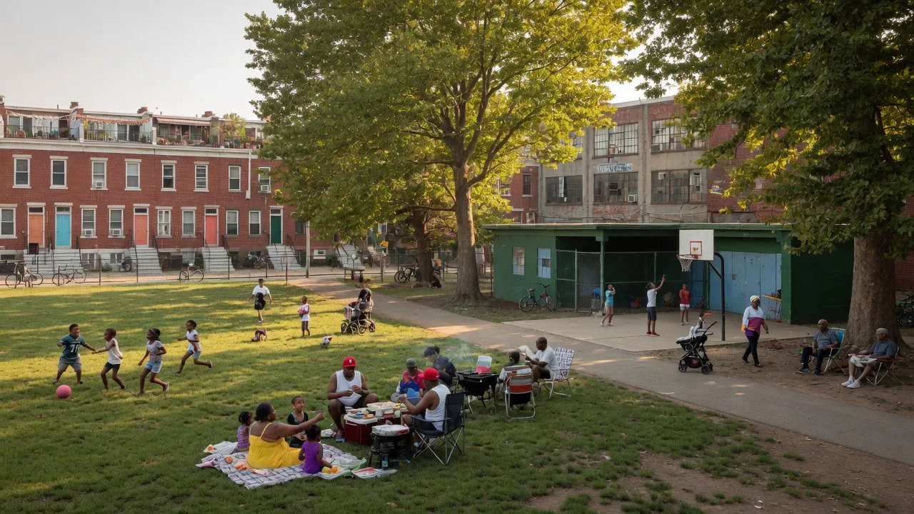Palmer Park in Fishtown Philadelphia with neighbors and families enjoying a sunny weekend afternoon at the park and recreation center