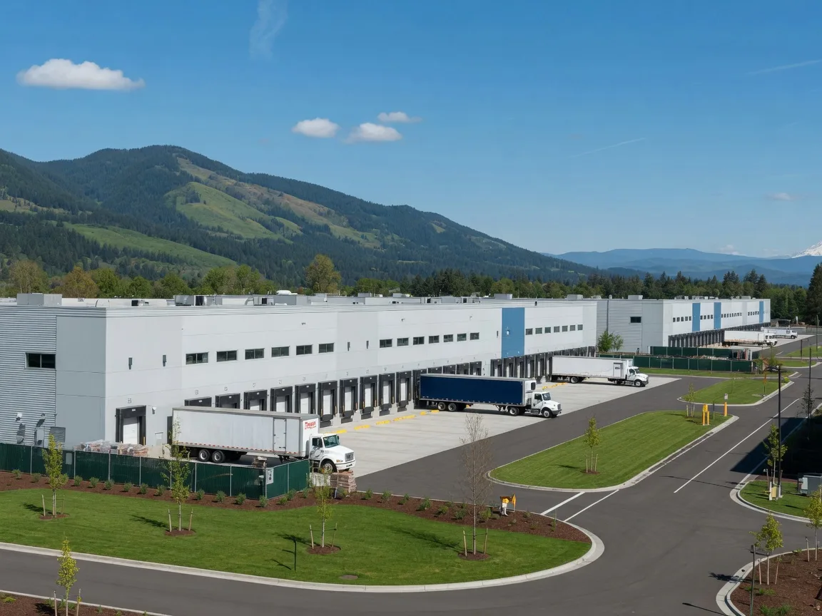 A modern logistics and distribution complex in Troutdale with loading docks and the Cascade foothills on the horizon