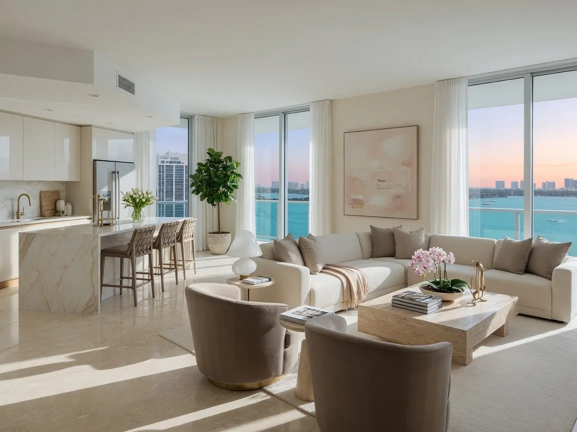 A bright luxury condominium living room with floor-to-ceiling windows