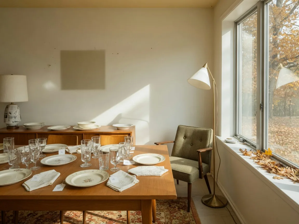 A bright mid-century living room in a Northwest Indiana family home being prepared for an estate sale, with a long wooden table laid with china, glassware, and folded linens, a comfortable armchair, and warm sunlight through the window