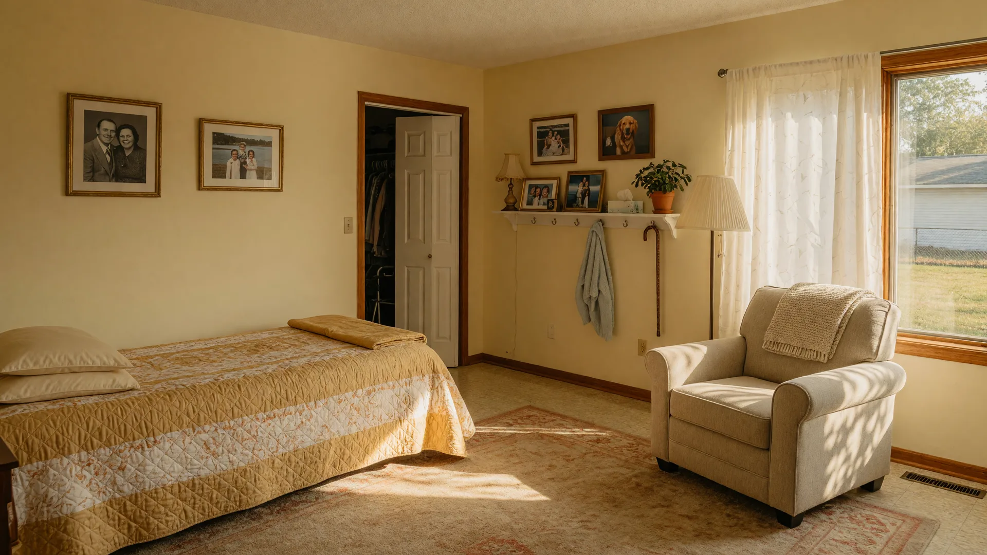 A bright converted ground-floor bedroom in a Northwest Indiana ranch home with a bed in a gold and cream quilt, a reading chair by the window, and framed family photos
