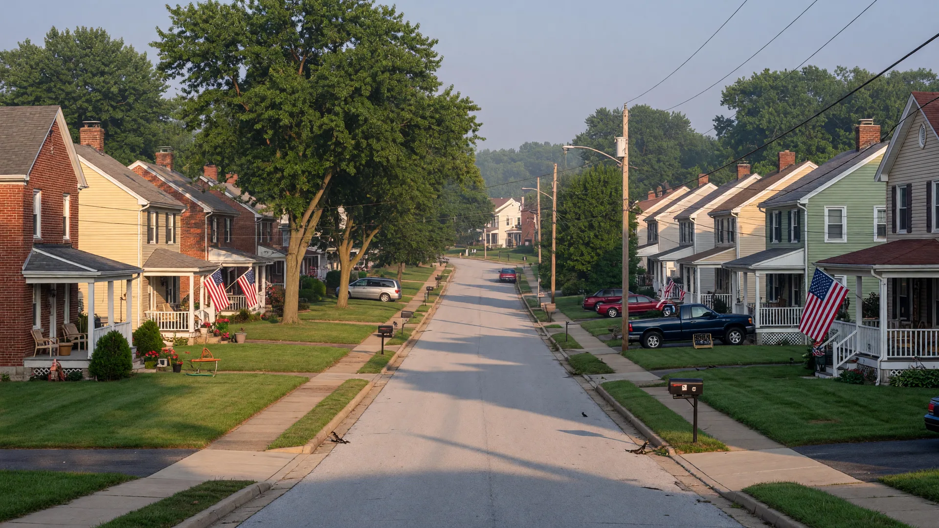 Tree-lined suburban street in Delaware County, Pennsylvania on a summer morning