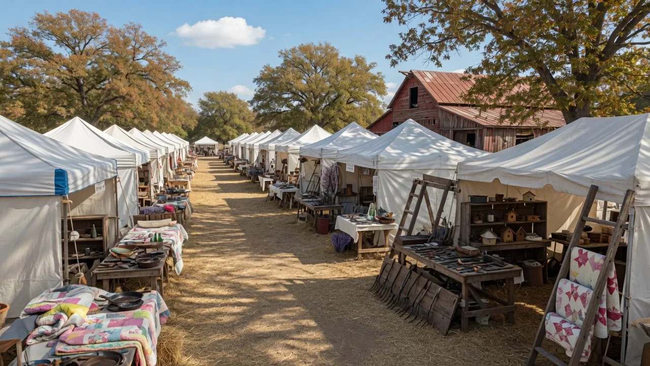 Rows of white vendor tents and wooden booths with antiques and handmade goods under tall oak trees at a rural Texas trade days market