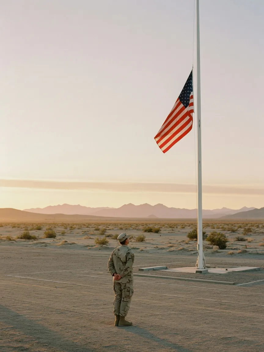 The Nellis Air Force Base September 11 ceremony with a wreath, a half-staff flag, and remarks from first responders