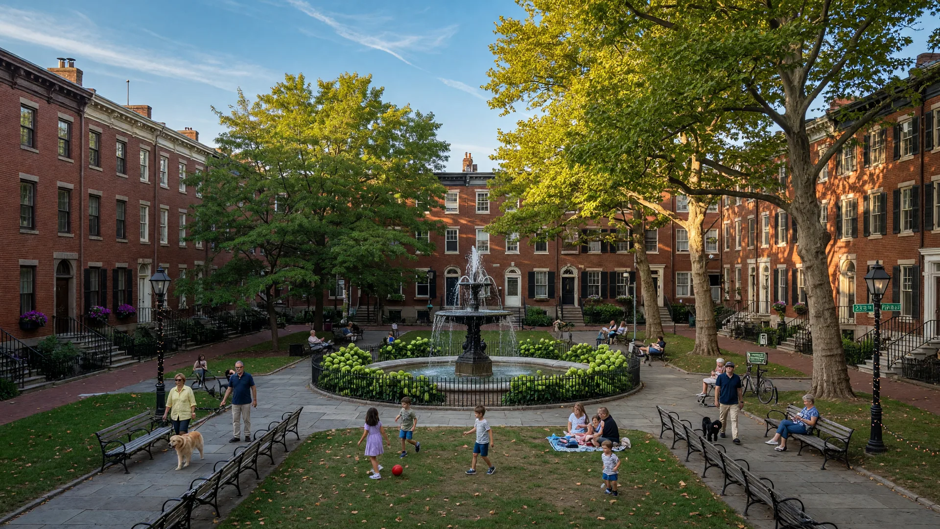 Fitler Square park and surrounding historic rowhouses in Philadelphia on a late summer afternoon