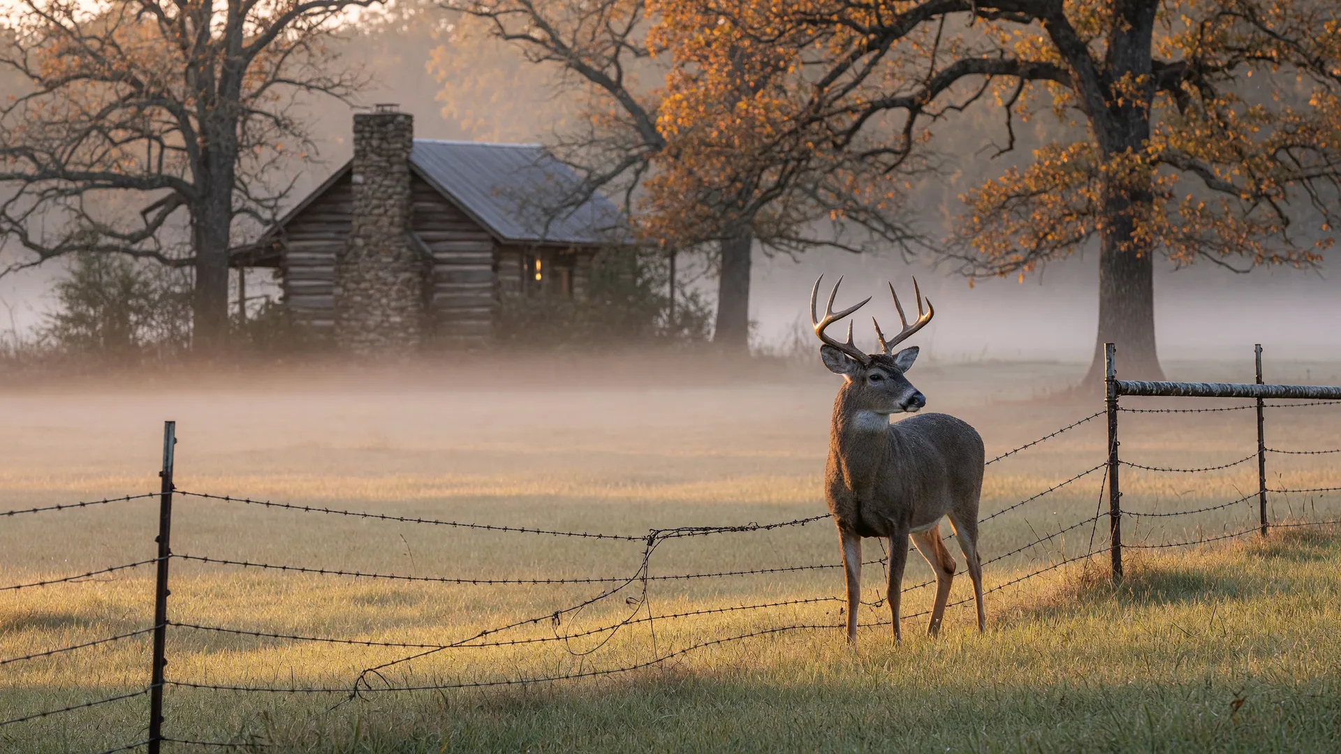 Whitetail buck at the edge of a foggy Northeast Texas pasture at first light, with a log cabin among oak trees in the background