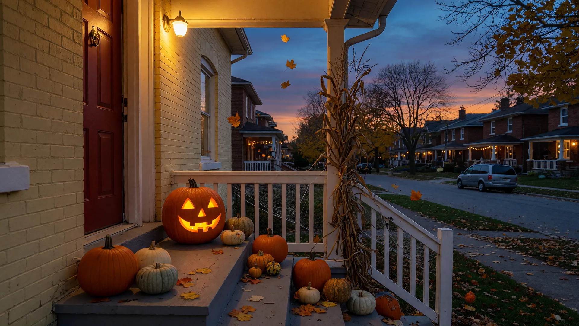 A welcoming Oshawa family home porch at dusk on Halloween with a glowing carved jack-o'-lantern by the front door, pumpkins and gourds on the steps, and autumn decorations along the railing