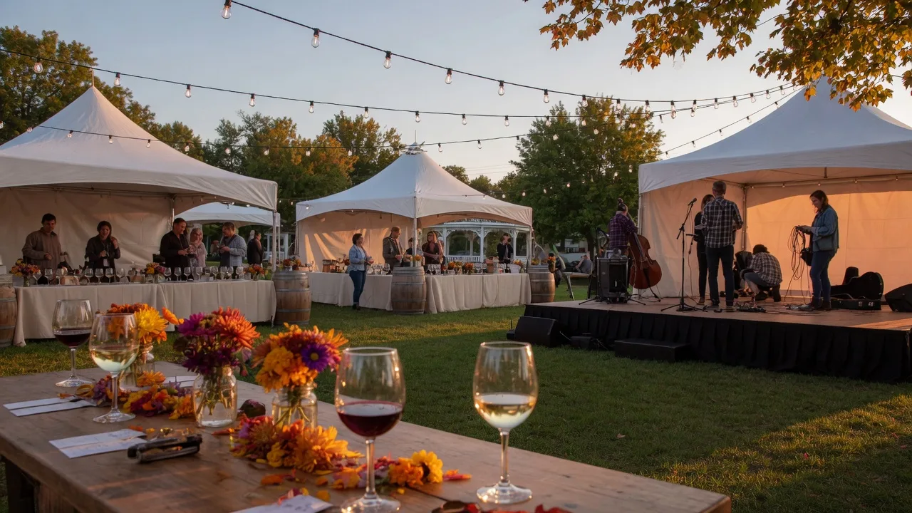 Wine tasting glasses and a rustic table under event tents at an outdoor festival in a small-town park
