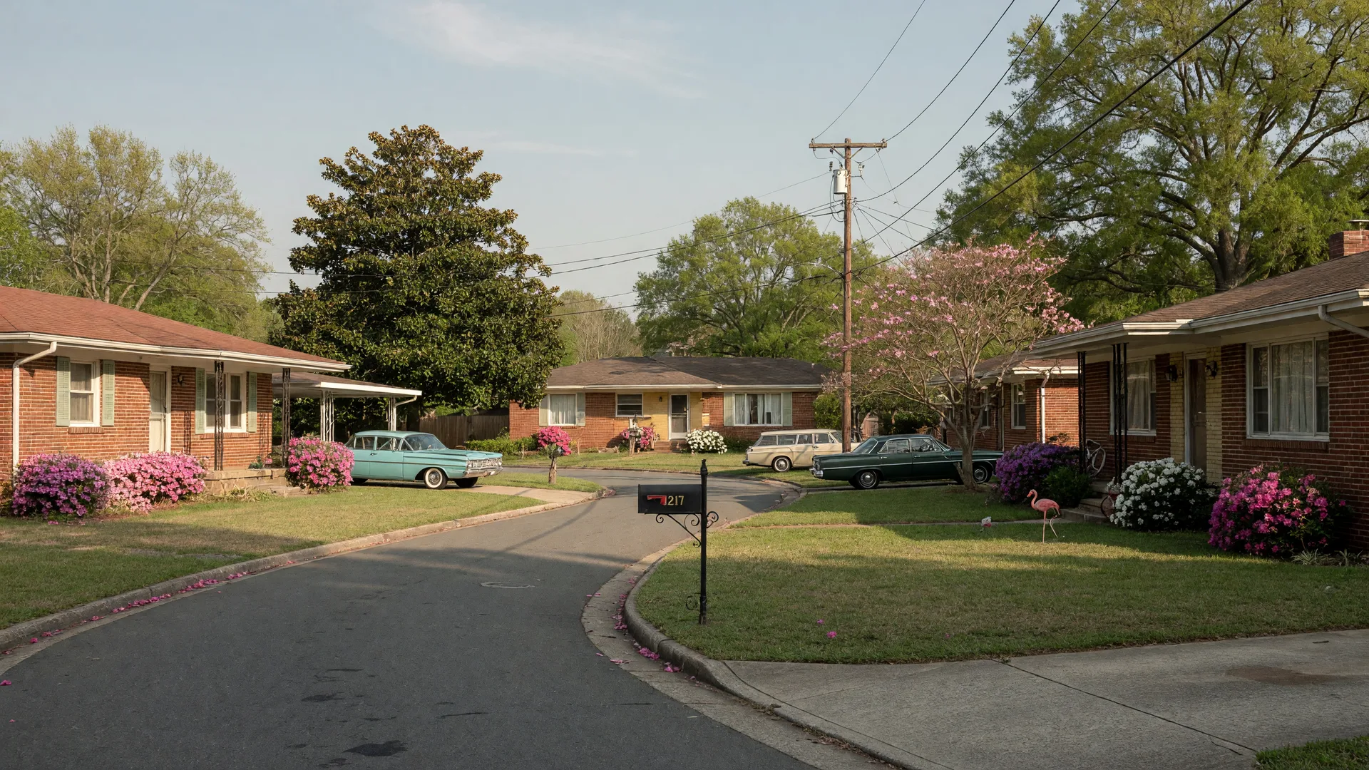 Mid-century red-brick ranch homes on a tree-lined residential street in the Starmount neighborhood of south Charlotte NC
