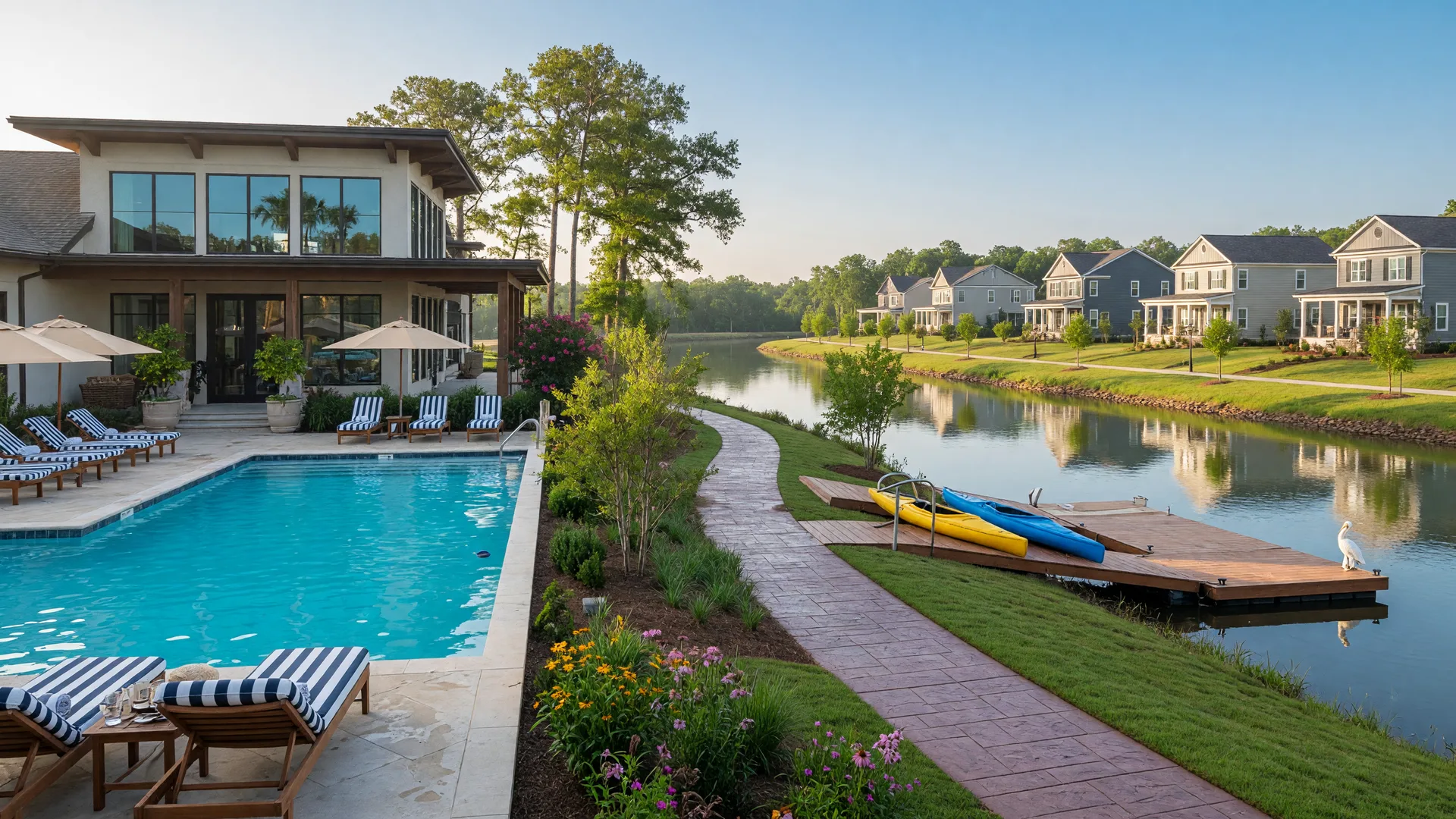 A resort-style community pool with loungers and landscaping in a Fort Mill master-planned community