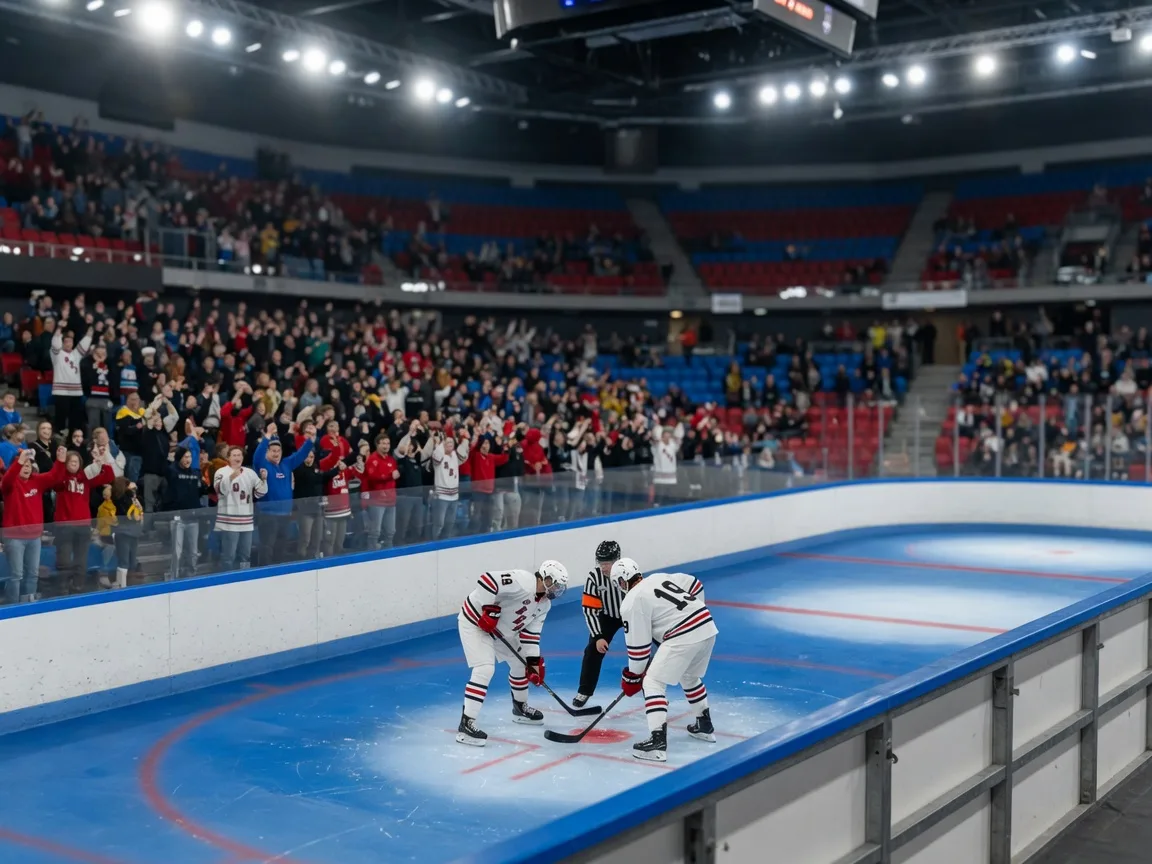Junior hockey players in a faceoff circle under bright arena lights at Tribute Communities Centre