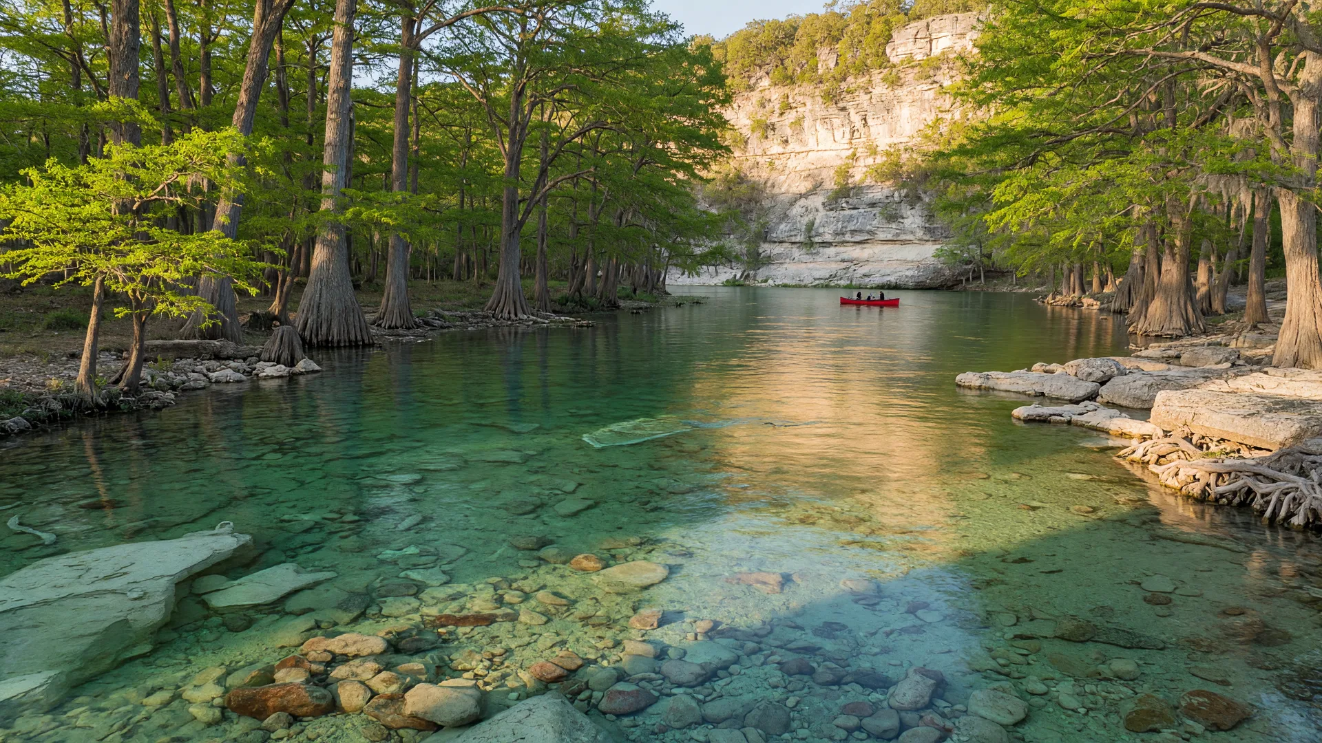 Crystal-clear turquoise Frio River near Concan, Texas, flowing over a limestone bed with cypress-lined banks and limestone bluffs beyond