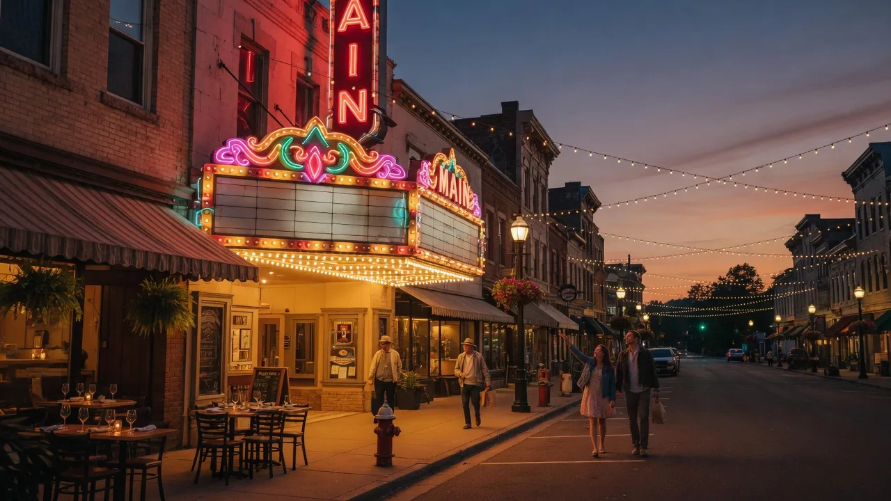 Old Town Newhall theater district at twilight with The MAIN marquee glowing