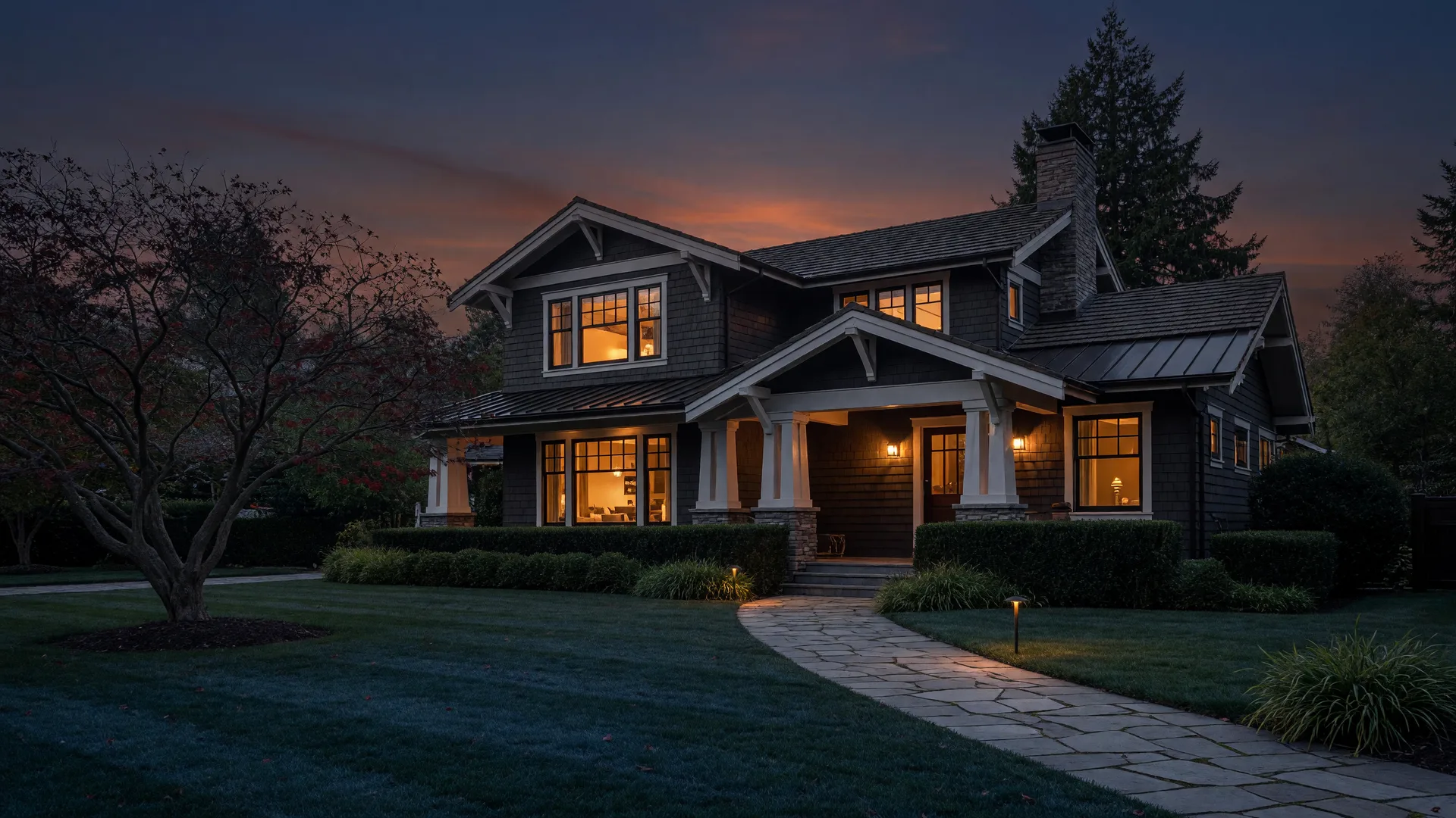 A modern home exterior glowing warm at dusk under a deep twilight sky