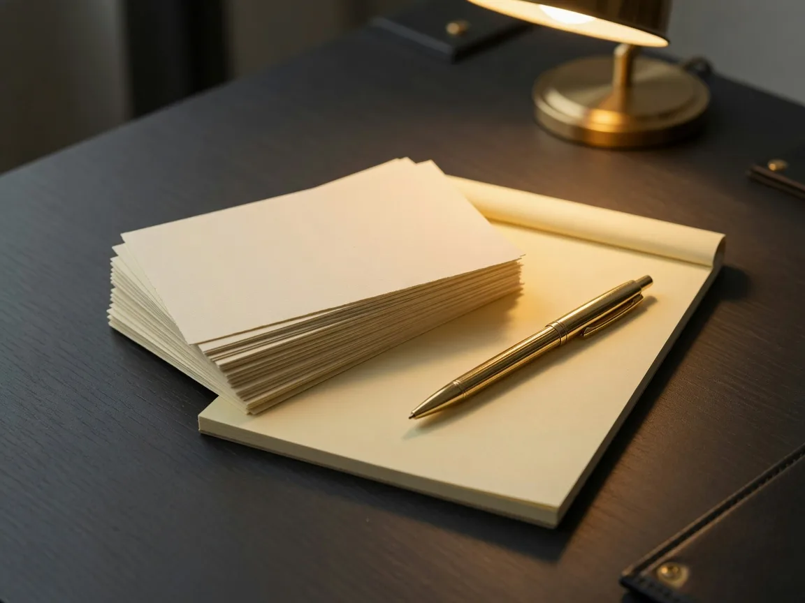 A stack of index cards and a legal pad with a gold pen on a charcoal desk, where keeping track of every name begins