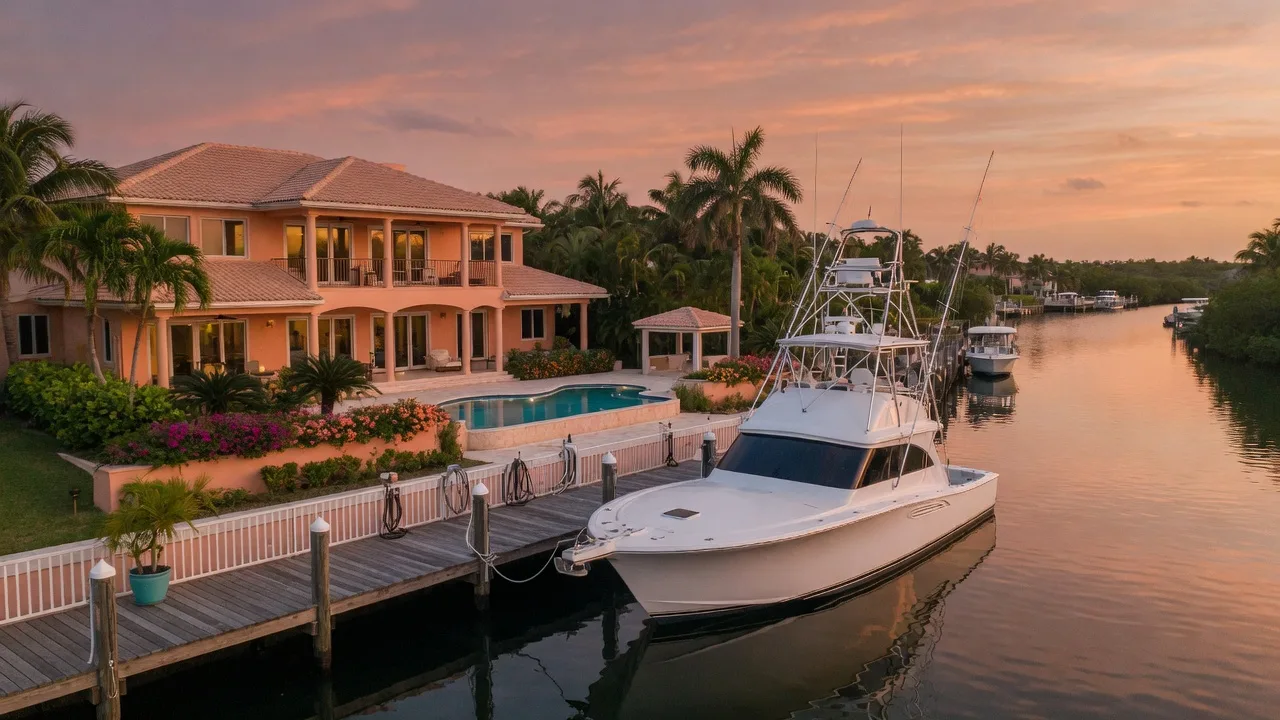 Private dock in the Florida Keys at golden hour with a 45-foot sportfishing yacht moored alongside, waterfront estate in background, copper sunset sky