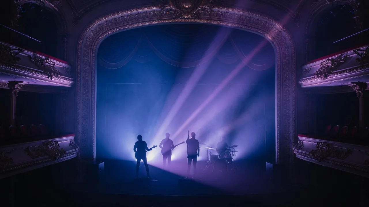 Musicians as silhouettes on a historic theater stage under dreamy blue and violet lighting with haze