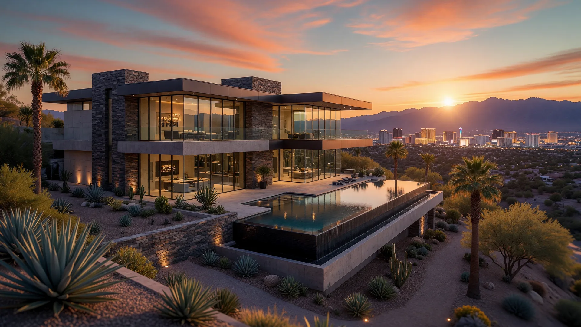 Modern glass-and-stone luxury estate in the Las Vegas hills at golden hour with infinity pool and Strip skyline