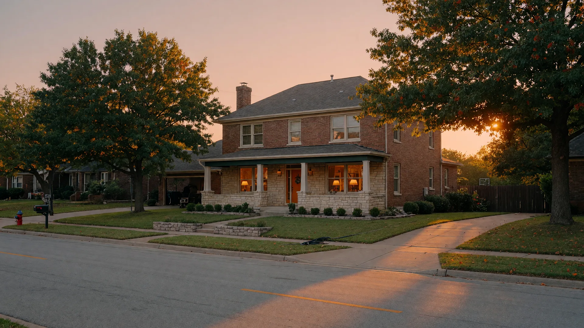 A well-kept Tulsa suburban home at golden hour with warm light glowing from the windows and mature oak trees showing the first amber autumn color