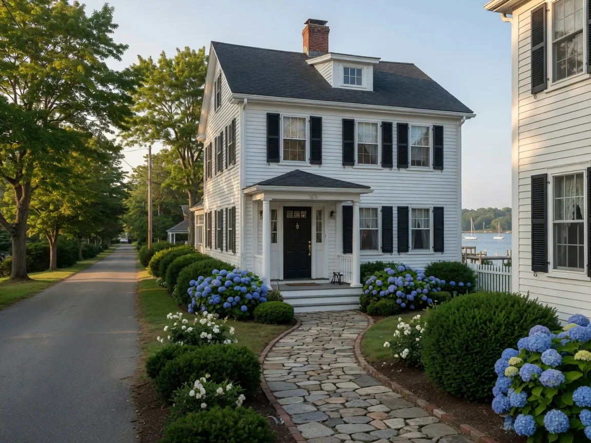 Classic New England clapboard home with white siding, dark shutters, and tidy landscaping in late-summer light