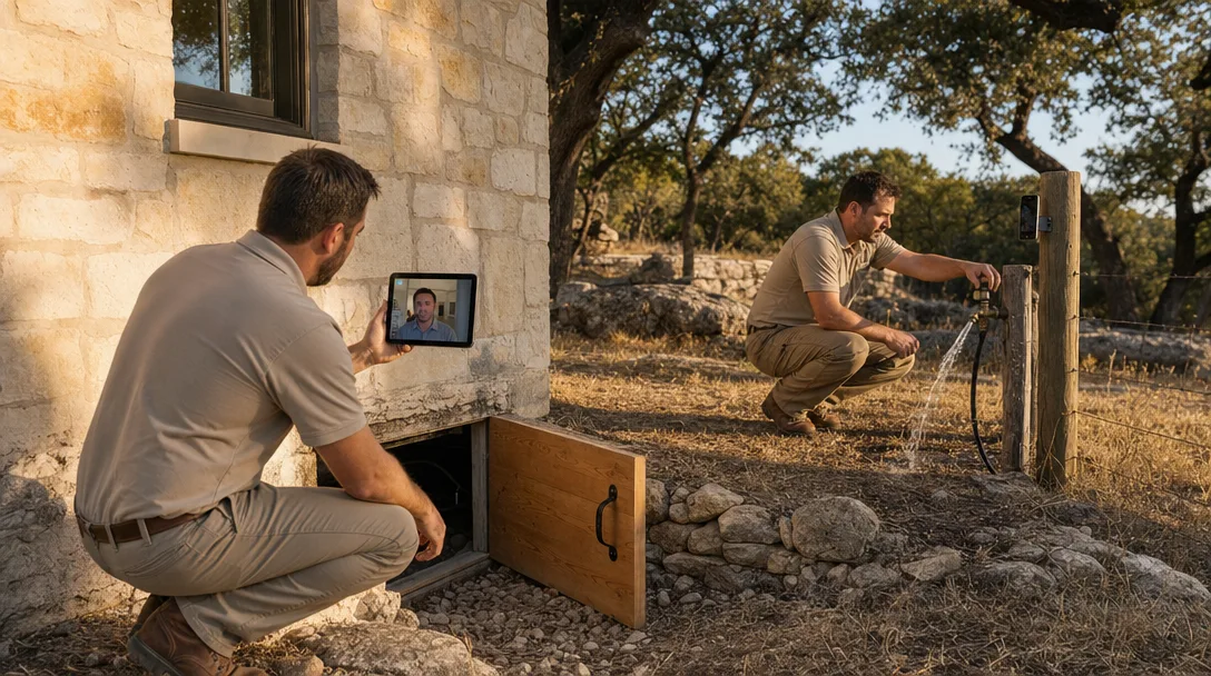 Home inspector on a live video call with a remote California buyer while inspecting a Hill Country foundation and well inspector testing water at an outdoor tap with phone documentation