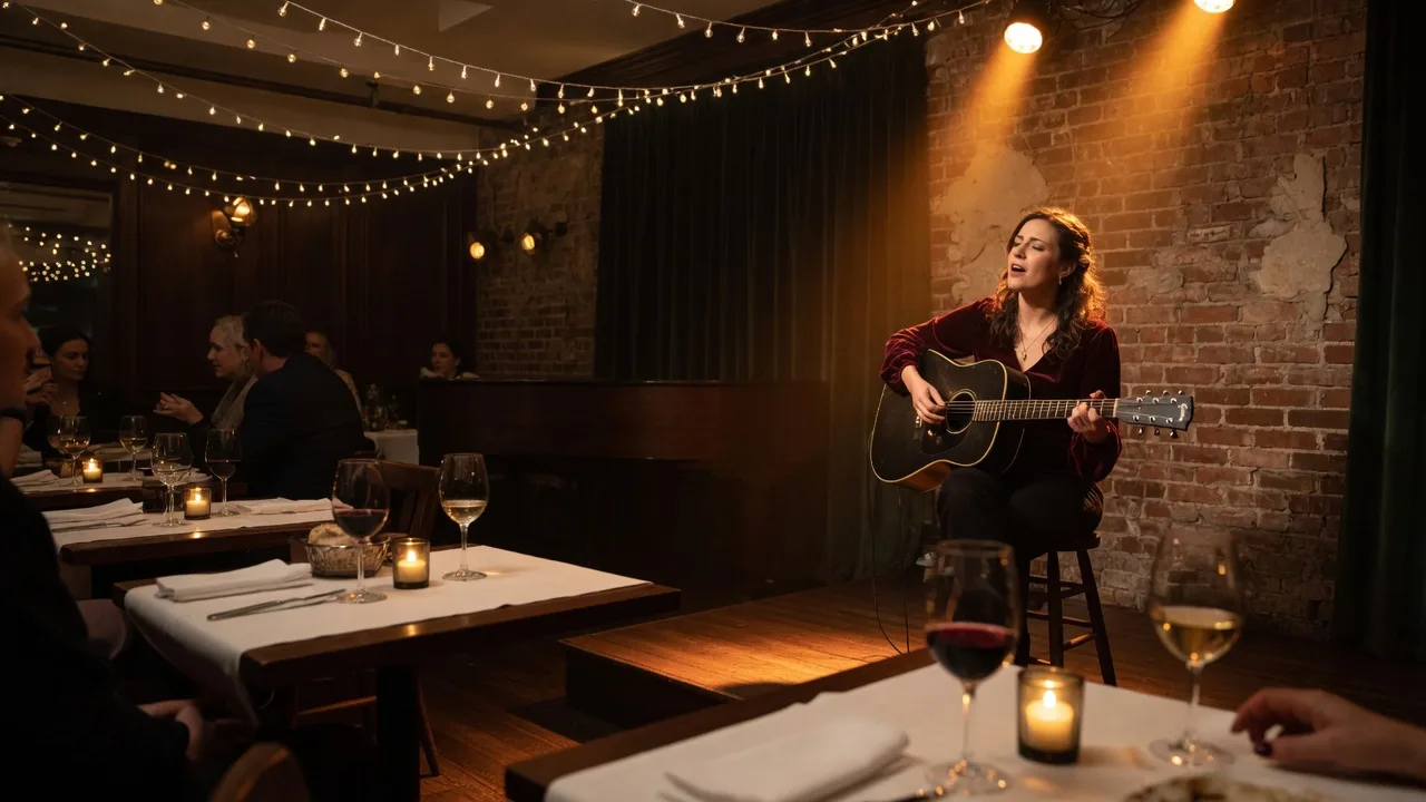 An intimate singer-songwriter set in an upscale restaurant lounge, a woman with a guitar on a small corner stage under warm amber spotlights, candlelit tables and string lights in the foreground