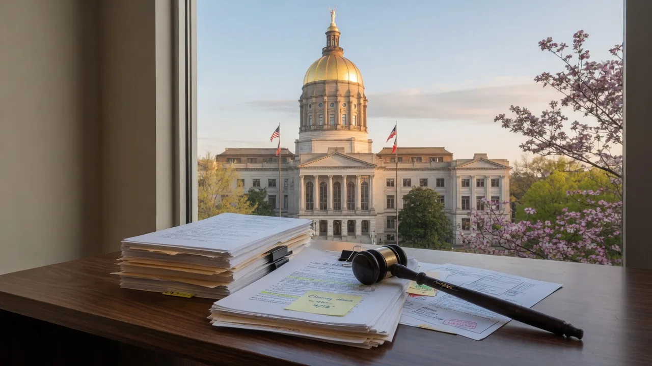 Georgia State Capitol building framed through a window with legal documents and a gavel on a wooden desk, representing real estate law and the closing process