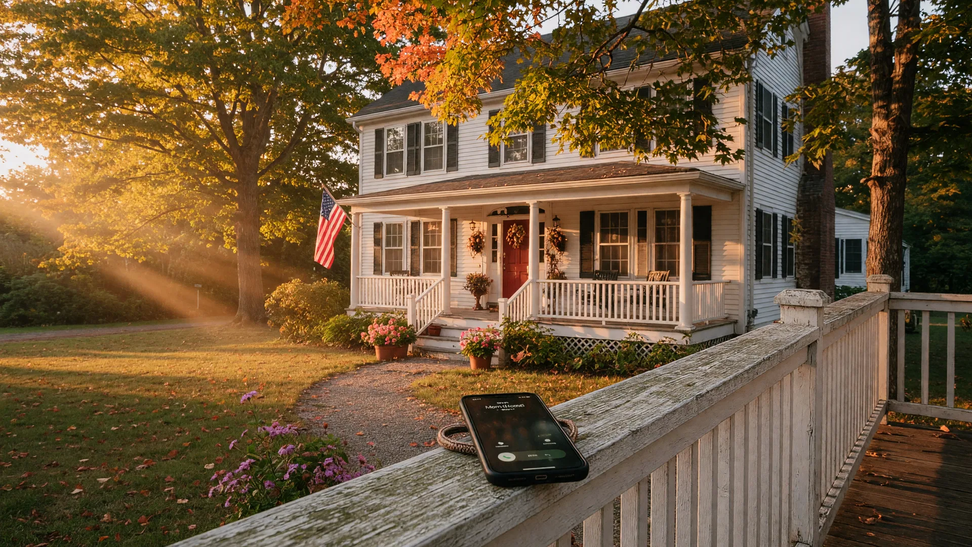 A classic New England colonial home in a Connecticut neighborhood at golden hour, with a smartphone on the porch railing symbolizing remote connection for out-of-state heirs