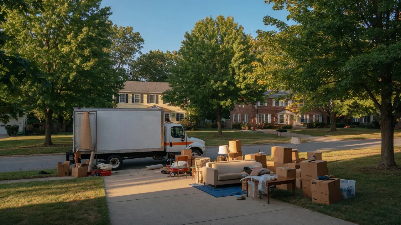 A moving truck and packed boxes outside a suburban home on move-in day, representing buying a new home before selling your current one