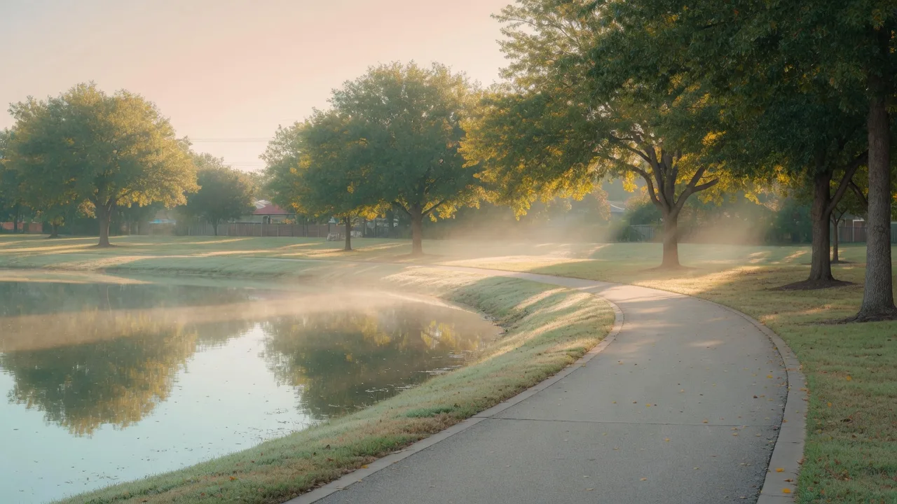 A calm suburban park at dawn with a paved path curving past a still pond and golden morning light
