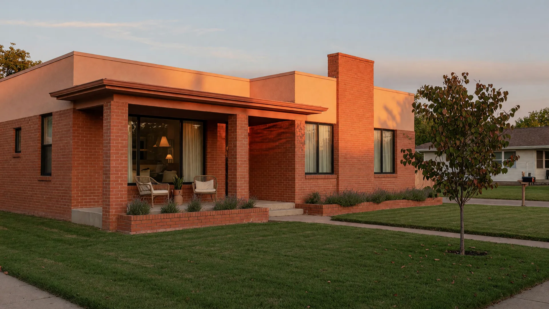 Warm single-story home with terracotta brick and stucco facade in a Tulsa-area neighborhood, glowing windows and covered front porch at golden hour