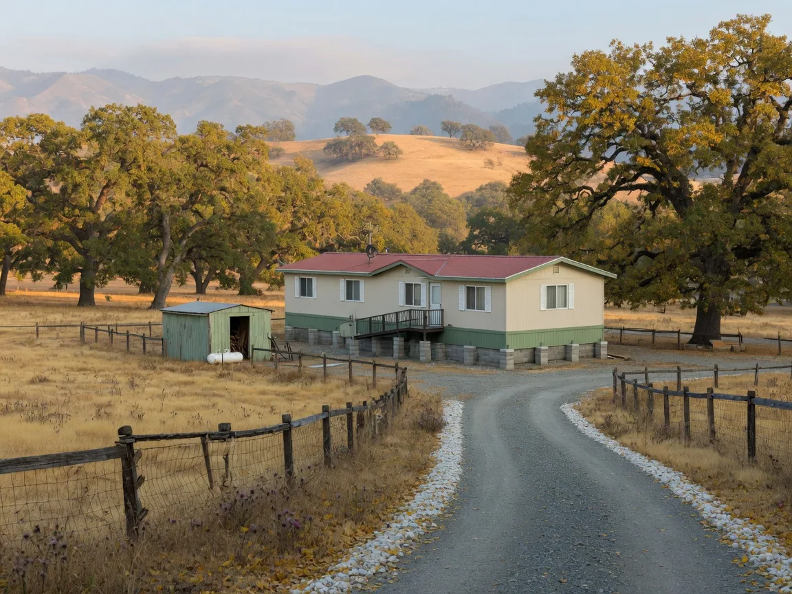 A rural double-wide manufactured home on concrete foundation piers set on fenced acreage in the oak-studded foothills near McSwain or Catheys Valley, golden autumn grass, split-rail fencing, a detached shed, and the hazy Sierra Nevada foothills in the distance