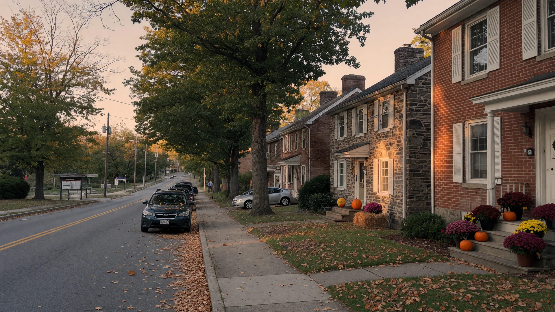 A tree-lined residential street in Rydal PA in late September with golden-hour light across historic stone and brick homes under mature oaks, pumpkins and mums on porches, and leaves drifting down the block