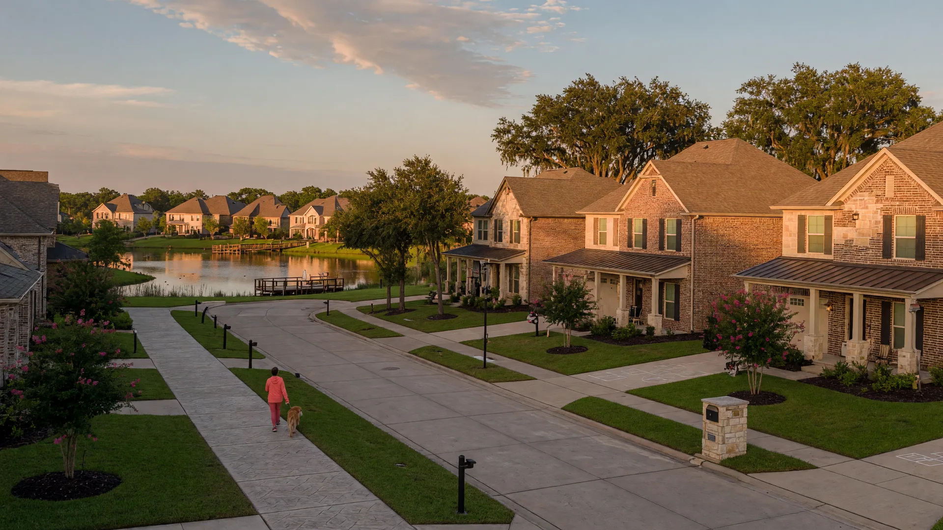 Illustrative image of a Katy-area master-planned community street at golden hour