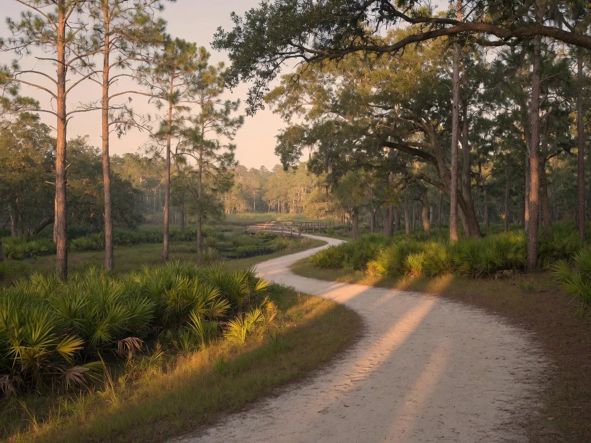 Sandy hiking trail through longleaf pine flatwoods and saw palmettos in the Green Swamp Wilderness Preserve
