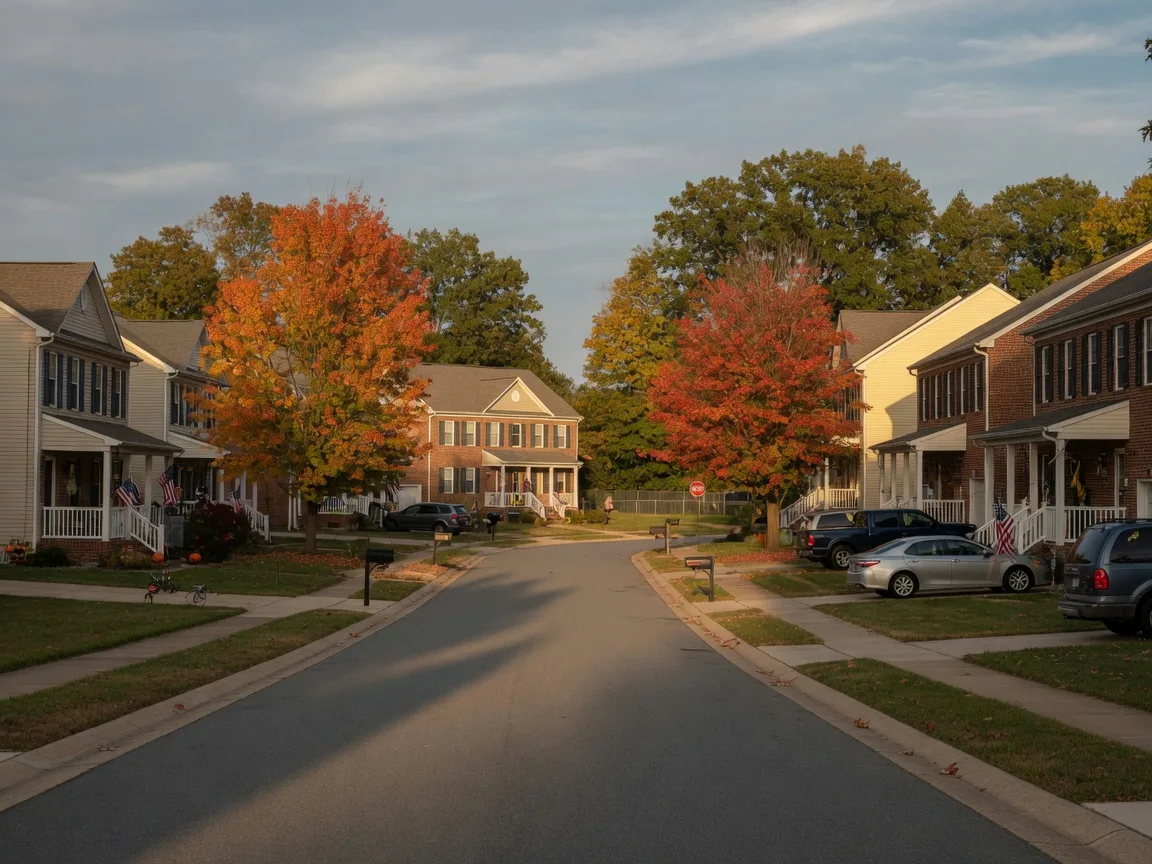 A quiet suburban street in Prince William County with two-story homes, brick townhomes, and American flags on the porches in late-afternoon light