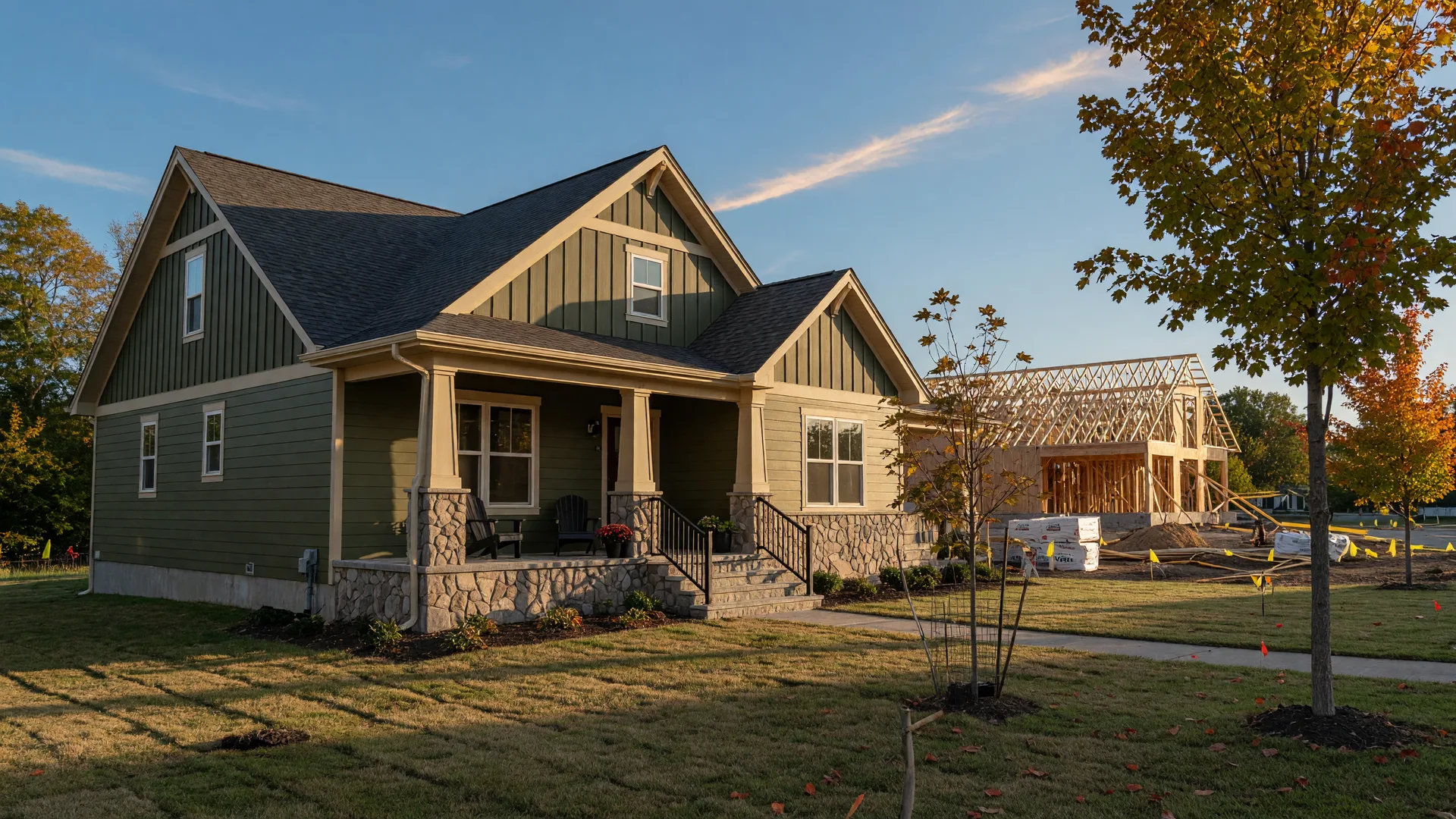 Newly built craftsman-style home in a southeastern Michigan subdivision in early fall, with a home under construction framed behind it
