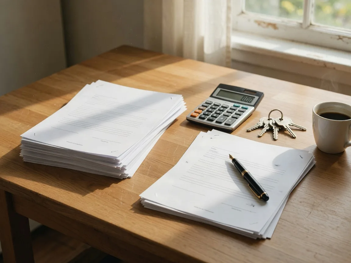Two stacks of offer documents, a calculator, a pen, house keys, and coffee on a kitchen table, representing the work of comparing offers side by side