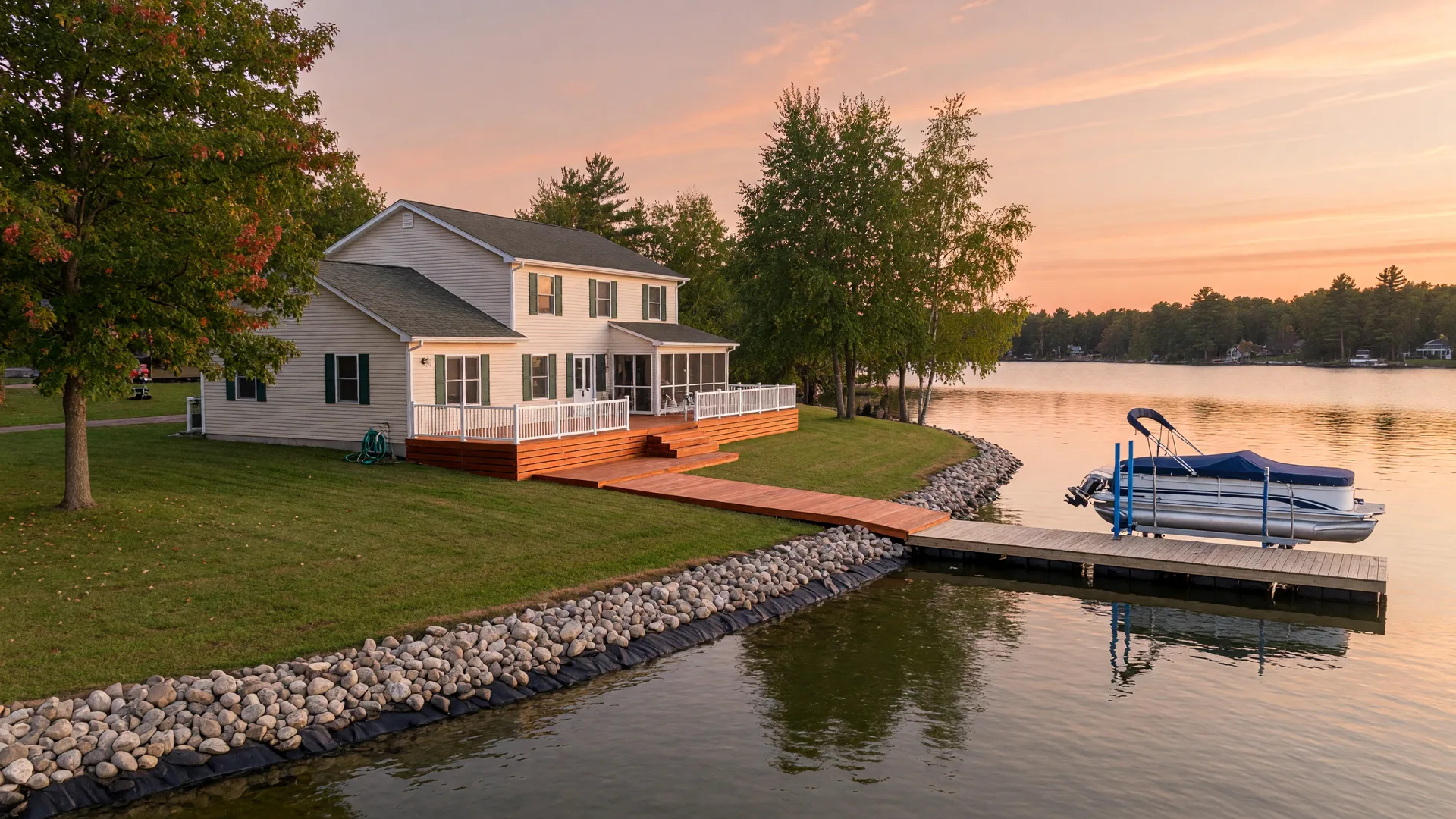 A well-kept Minnesota lakefront home with a dock and boat lift at golden hour