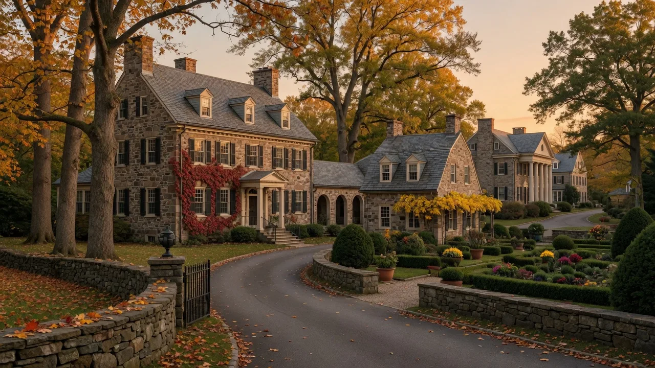 Historic stone Colonial estate on a tree-lined lane in Wayne with mature trees
