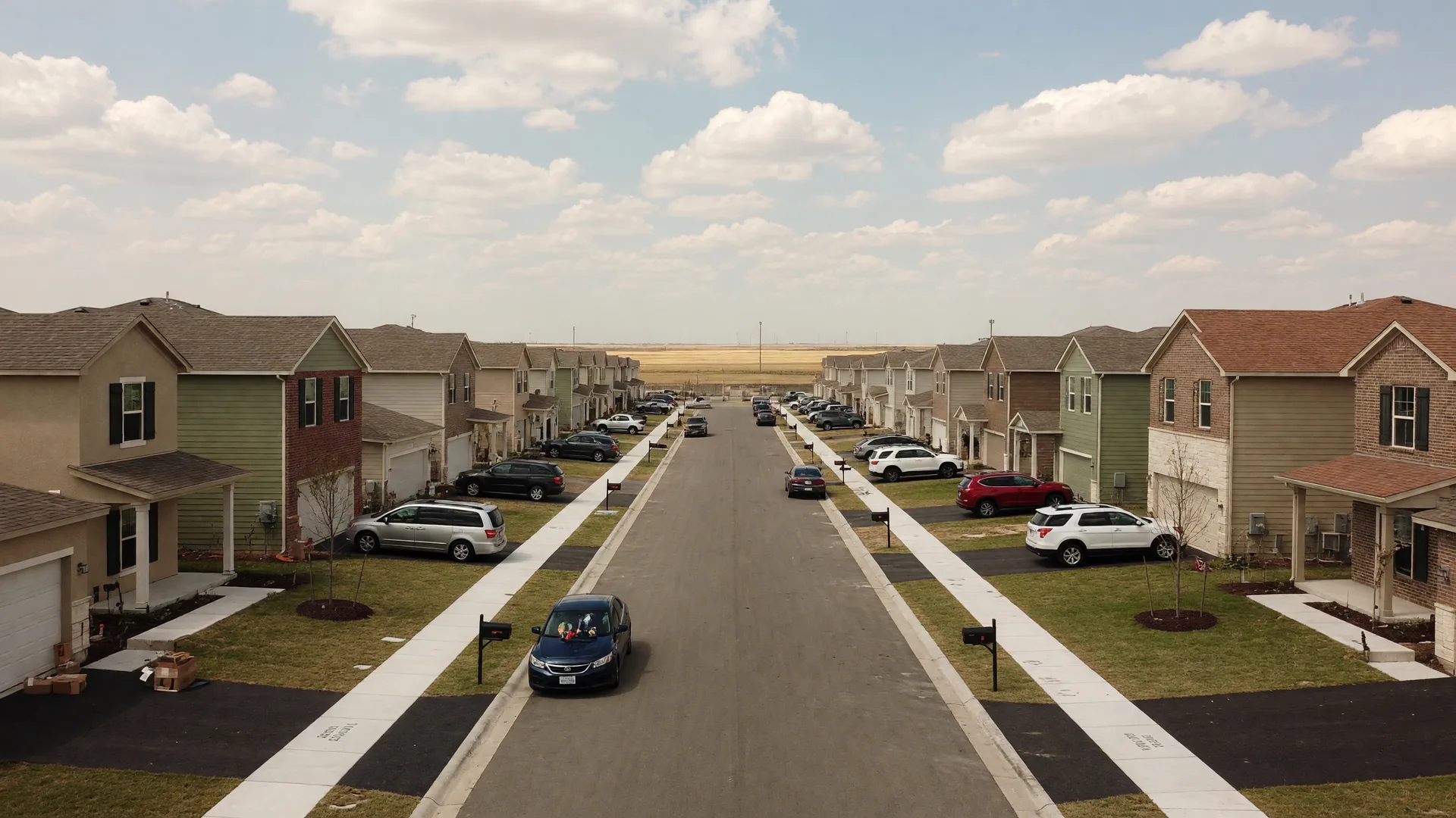 An entry-level new-construction neighborhood street in North Texas on a bright afternoon